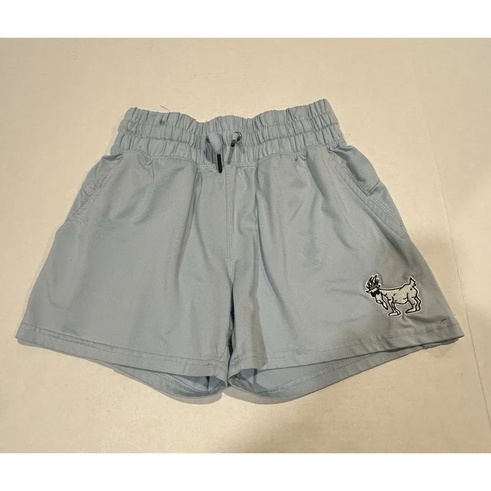 GOAT USA Shorts Embroidered Leg Light Blue Drawstring Elastic 22 In. Waist Boys